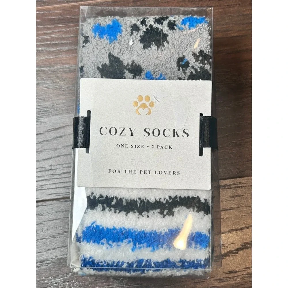 Cozy Socks One Size Two Pack Pet‎ Lovers Paw Print Blue White Gray NWT